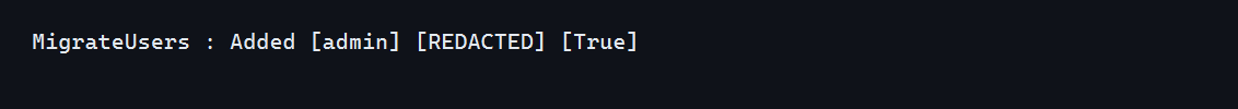 ตัวอย่าง log ยืนยันการสร้าง admin โดยปิดบัง seed password